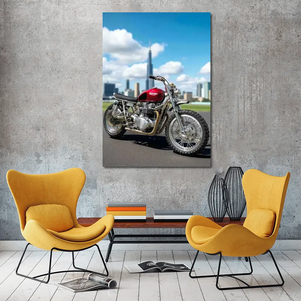 Triumph Motorcycle Red City Skyline Background – Wall Art