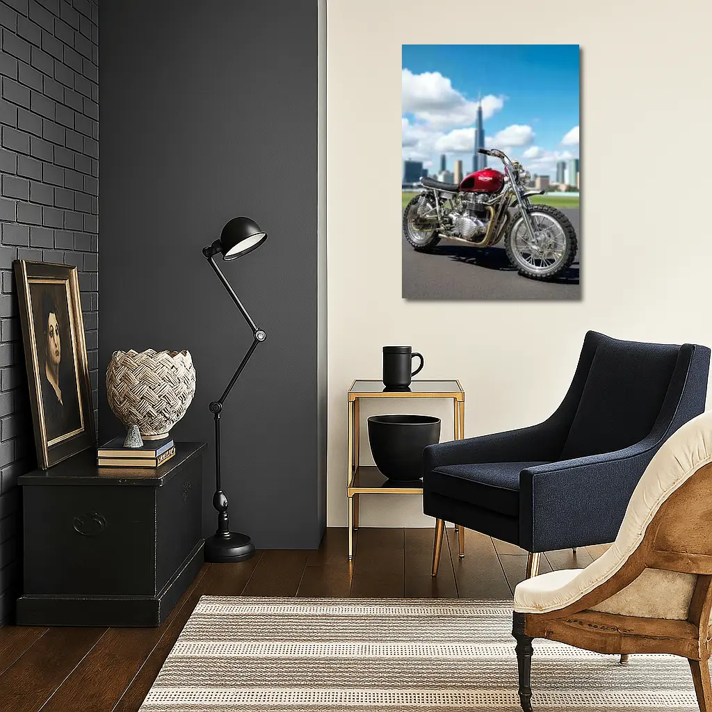 Triumph Motorcycle Red City Skyline Background – Wall Art