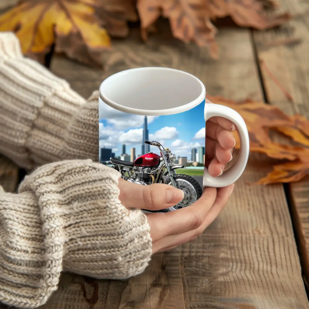 Triumph Motorcycle Red City Skyline Background – Mugs