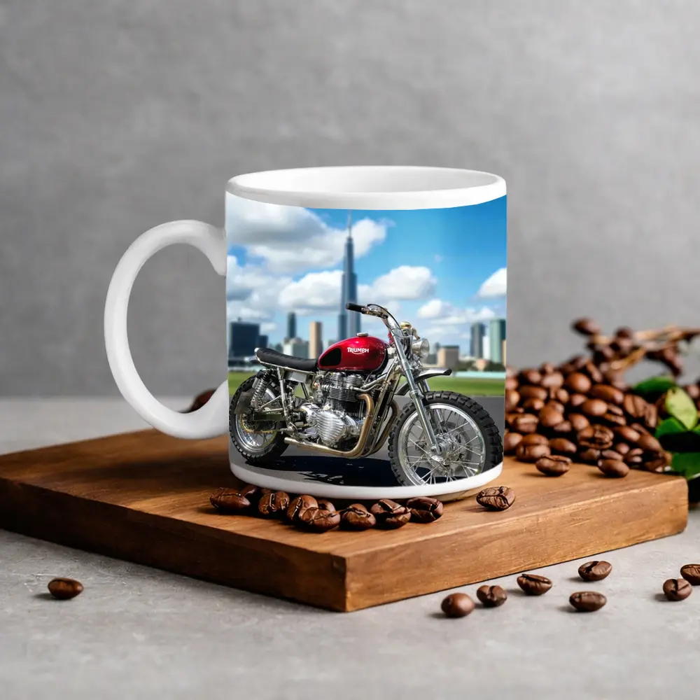 Triumph Motorcycle Red City Skyline Background – Mugs