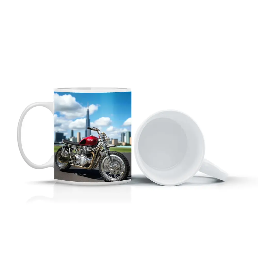 Triumph Motorcycle Red City Skyline Background – Mugs