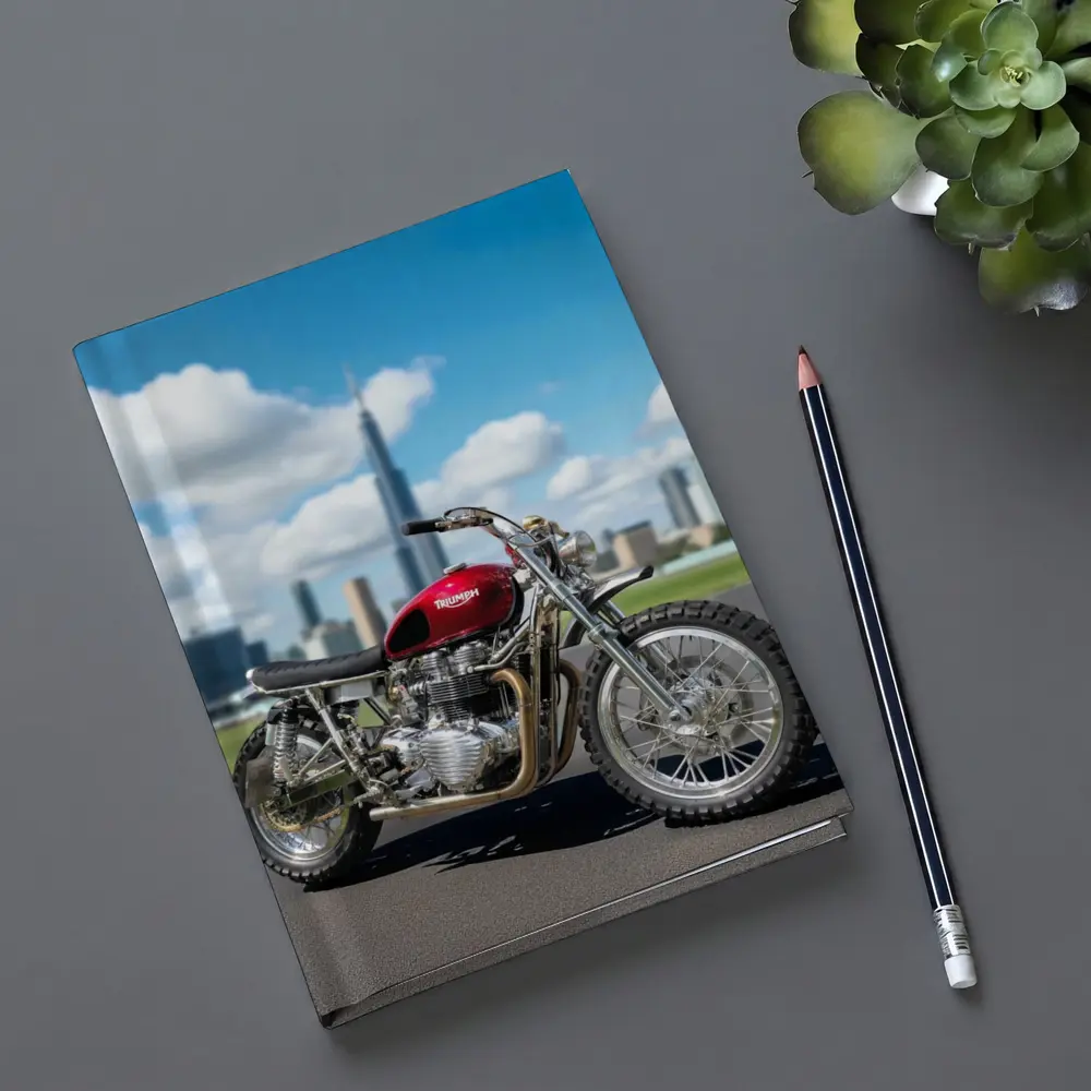 Triumph Motorcycle Red City Skyline Background – Notebooks