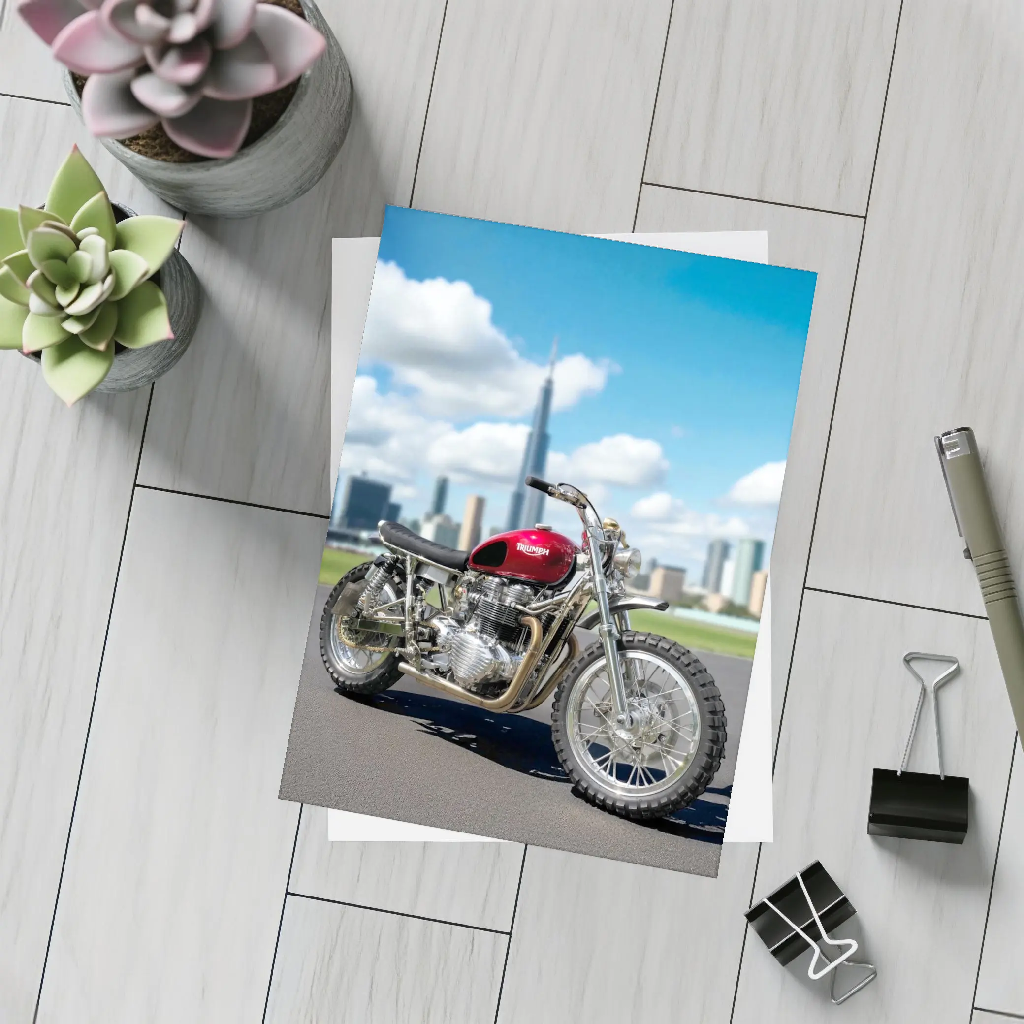Triumph Motorcycle Red City Skyline Background – Postcards