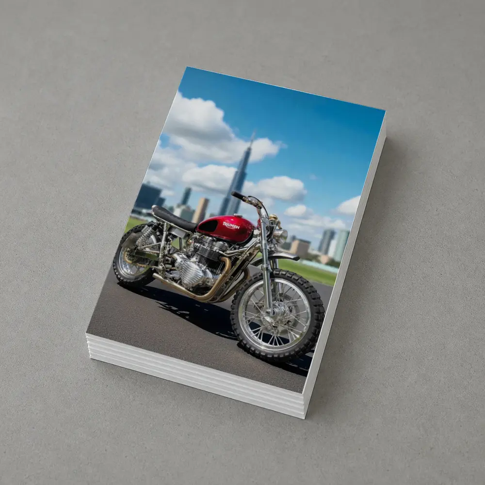 Triumph Motorcycle Red City Skyline Background – Postcards