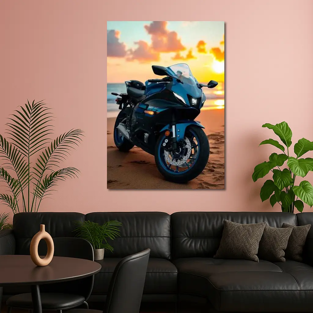 Yamaha Sport Bike Parked on Beach Sunset – Wall Art