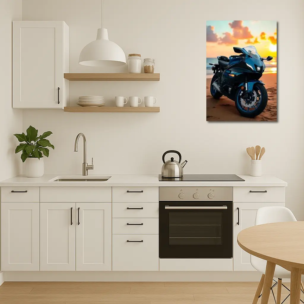 Yamaha Sport Bike Parked on Beach Sunset – Wall Art
