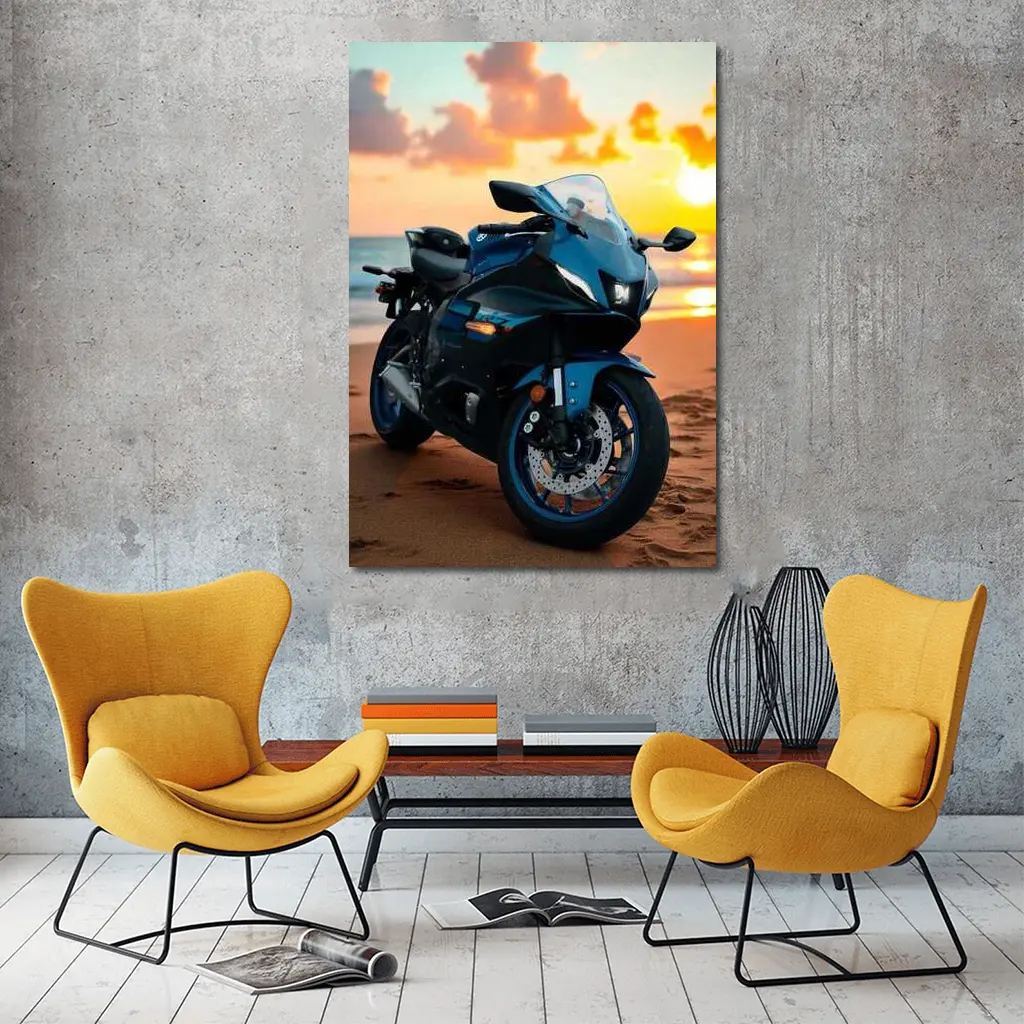 Yamaha Sport Bike Parked on Beach Sunset – Wall Art