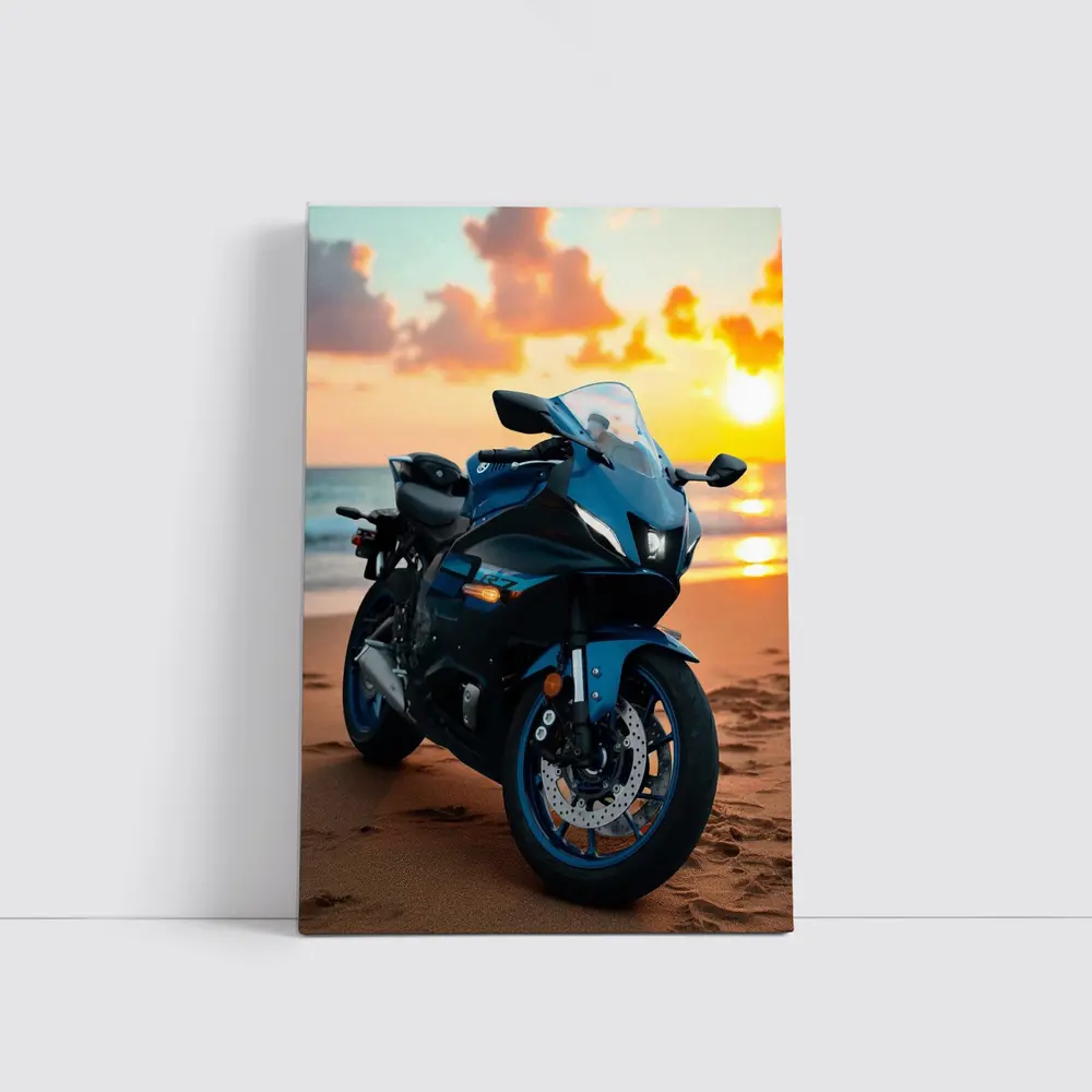 Yamaha Sport Bike Parked on Beach Sunset – Wall Art