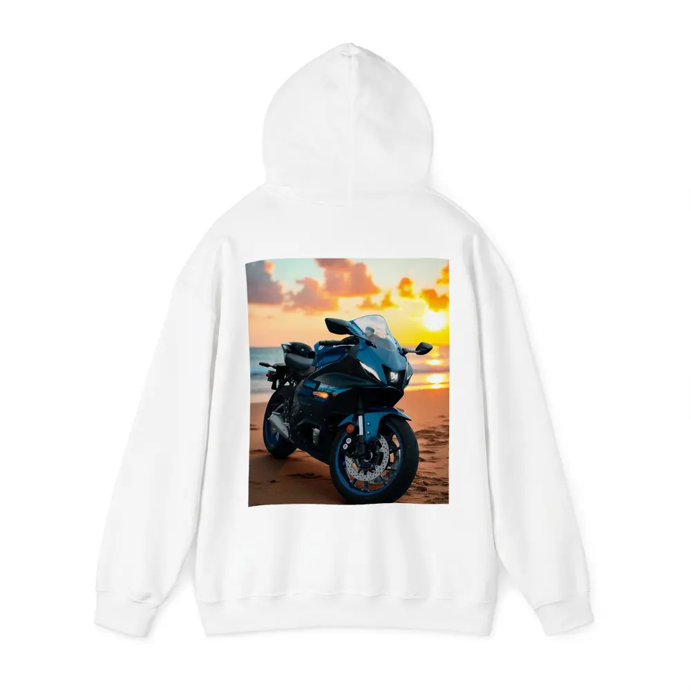 Yamaha Sport Bike Parked on Beach Sunset – Hoodies