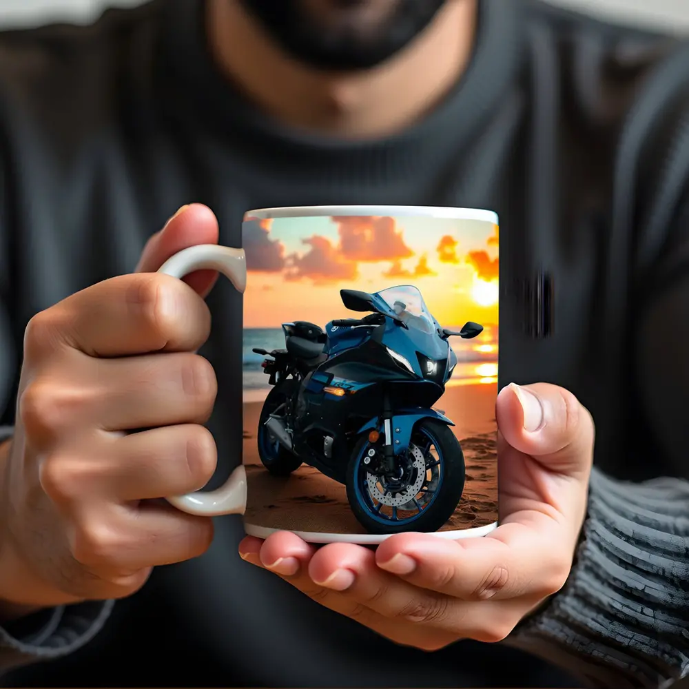 Yamaha Sport Bike Parked on Beach Sunset – Mugs