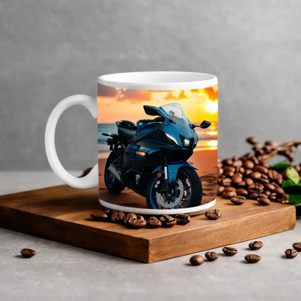 Yamaha Sport Bike Parked on Beach Sunset – Mugs