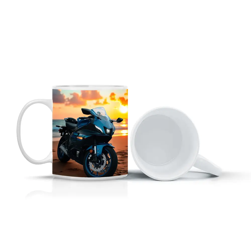 Yamaha Sport Bike Parked on Beach Sunset – Mugs