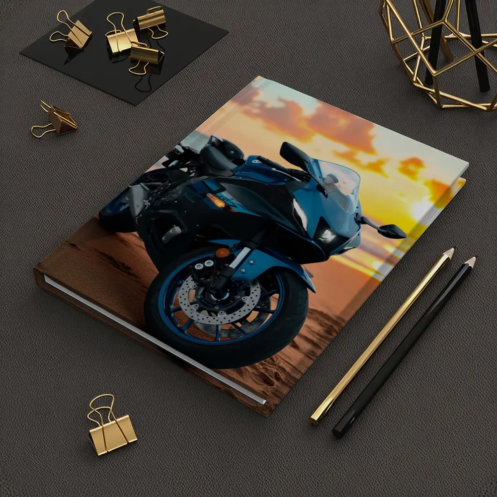 Yamaha Sport Bike Parked on Beach Sunset – Notebooks
