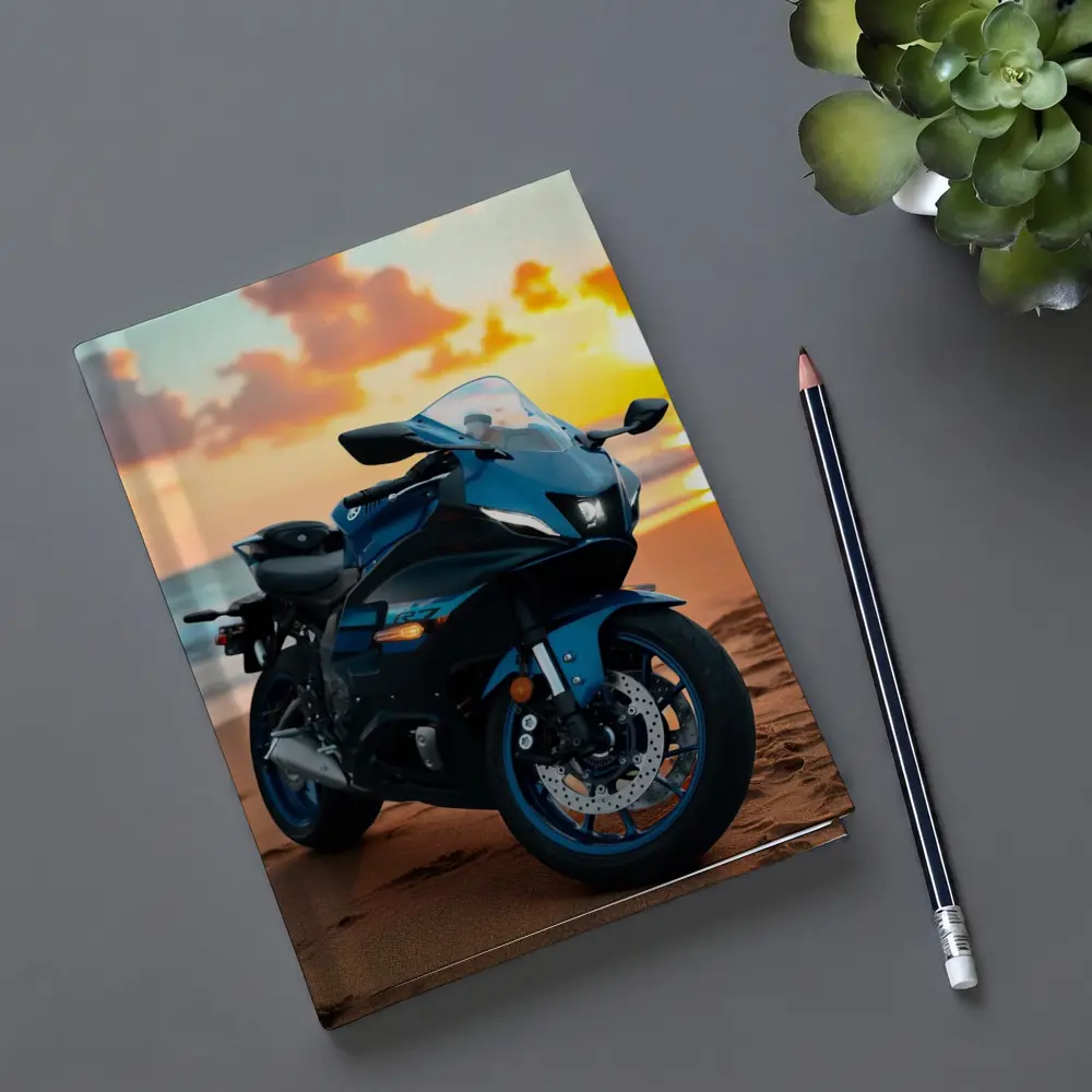 Yamaha Sport Bike Parked on Beach Sunset – Notebooks