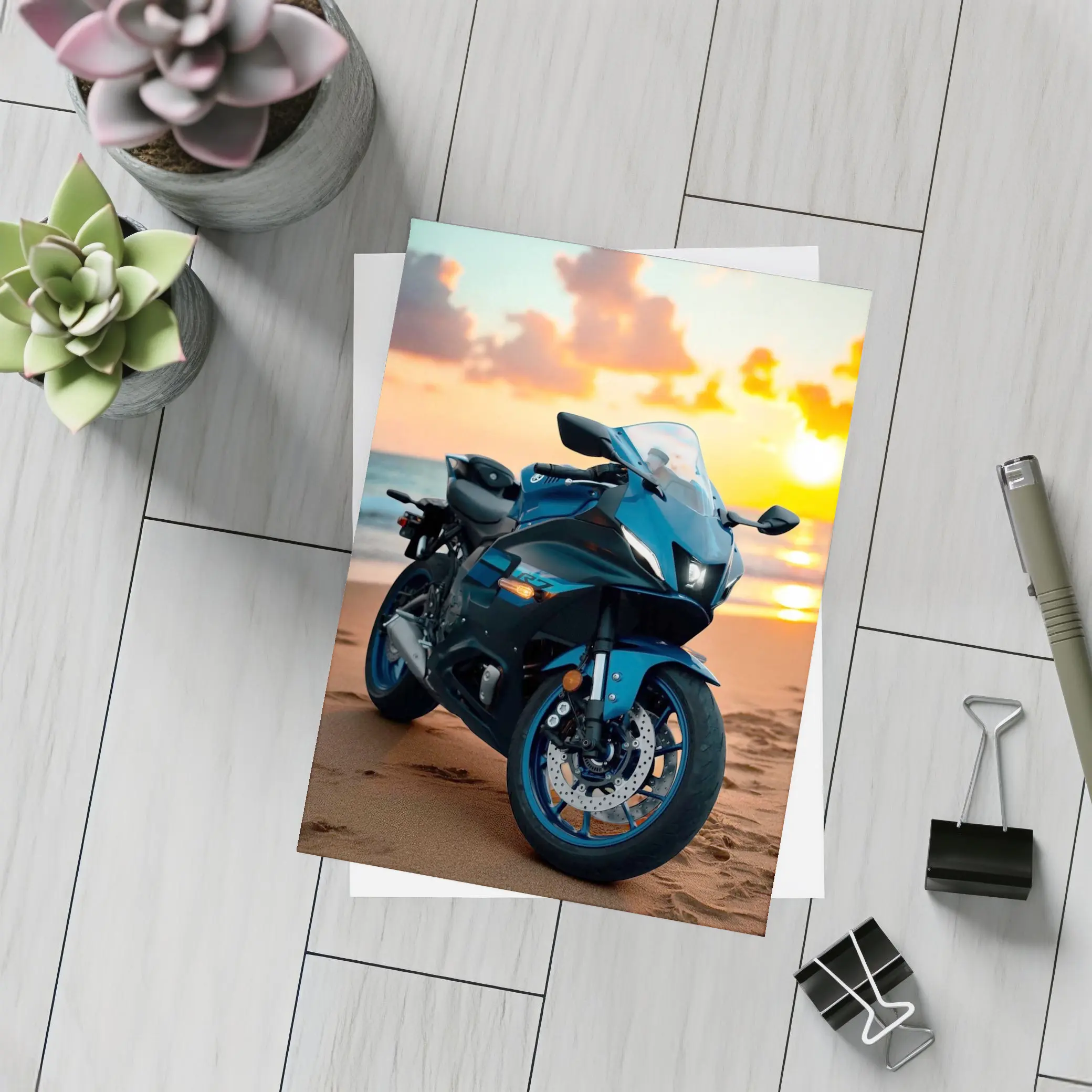 Yamaha Sport Bike Parked on Beach Sunset – Postcards