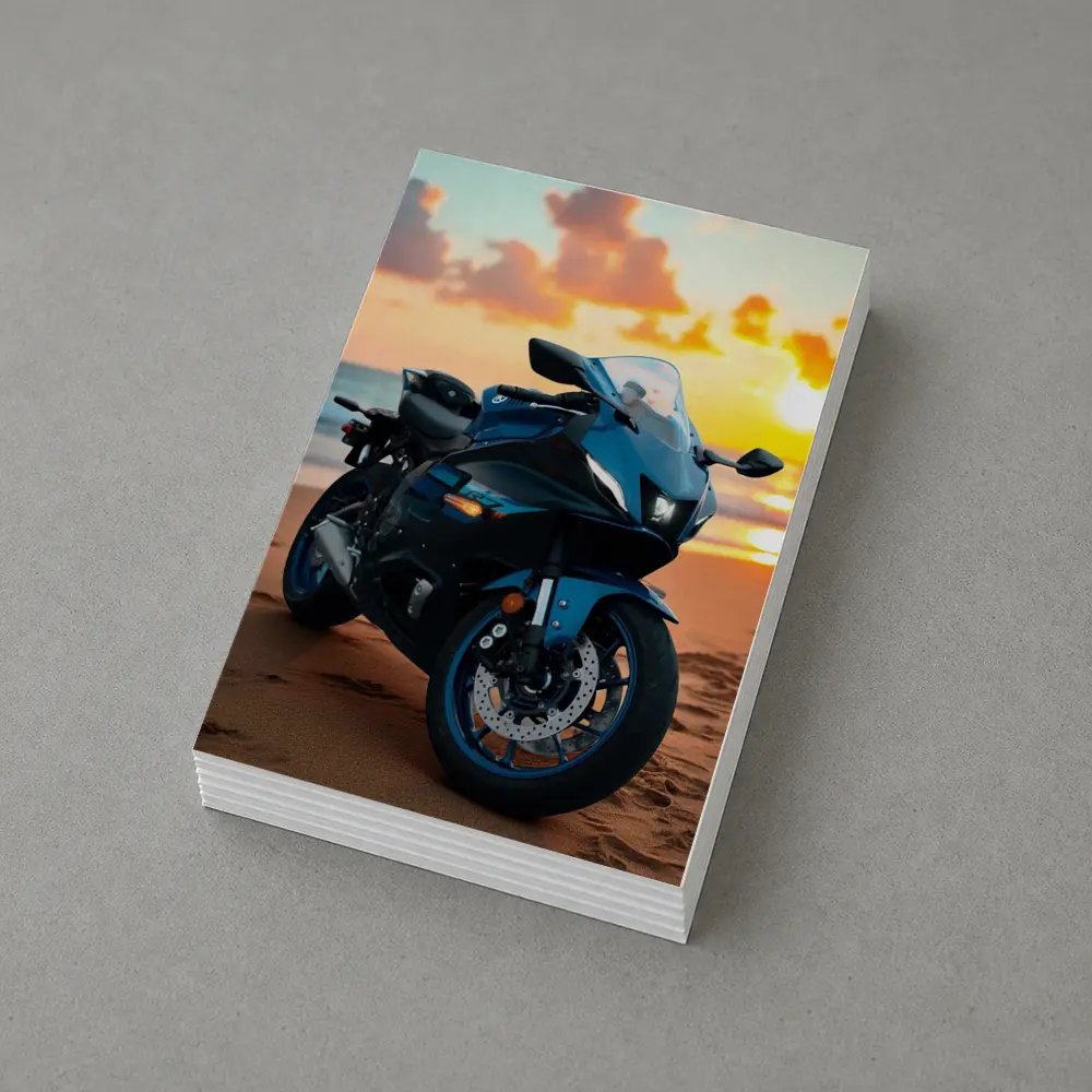 Yamaha Sport Bike Parked on Beach Sunset – Postcards
