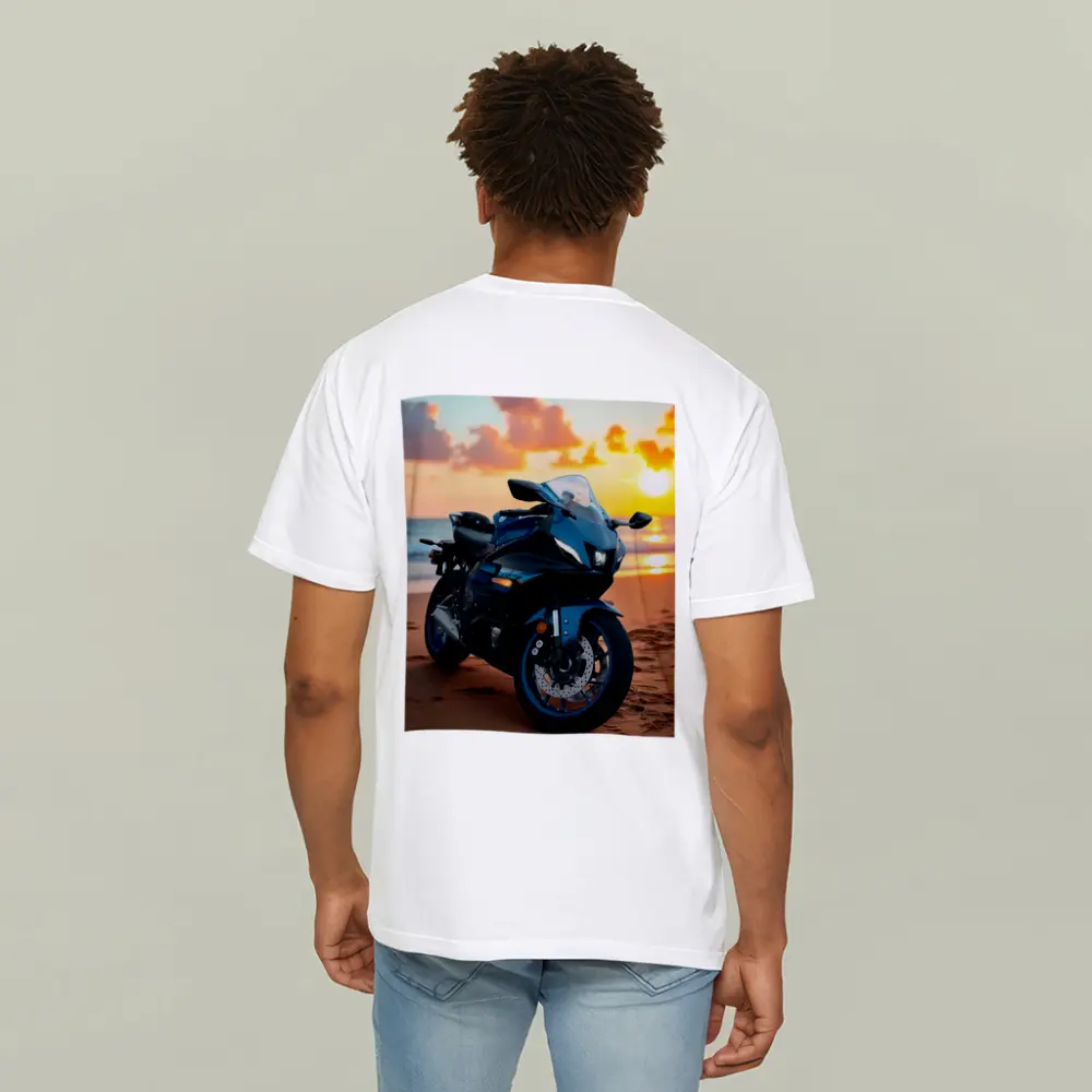 Yamaha Sport Bike Parked on Beach Sunset – T-Shirts