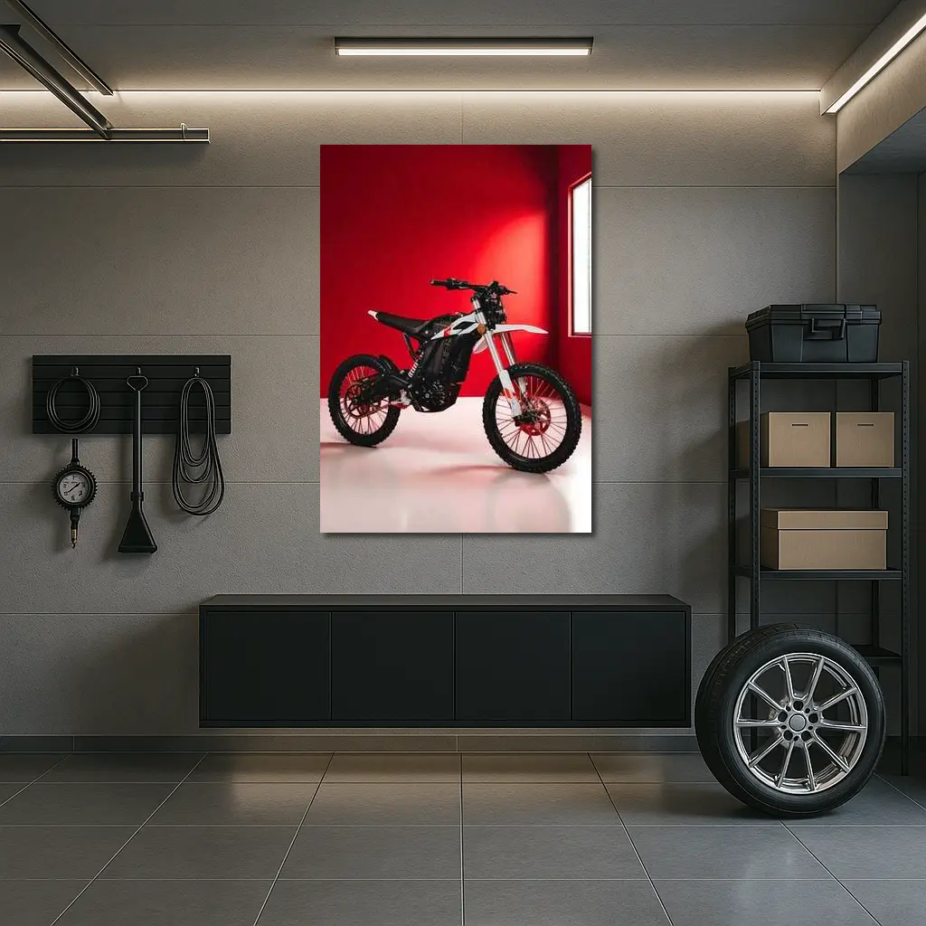 Electric Dirt Bike Against Bold Red Wall – Wall Art
