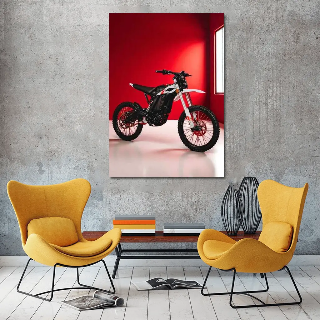 Electric Dirt Bike Against Bold Red Wall – Wall Art
