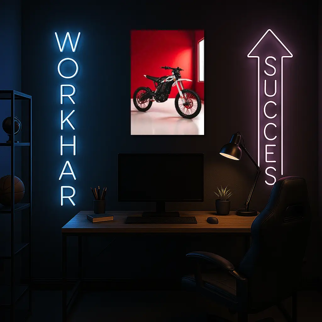 Electric Dirt Bike Against Bold Red Wall – Wall Art