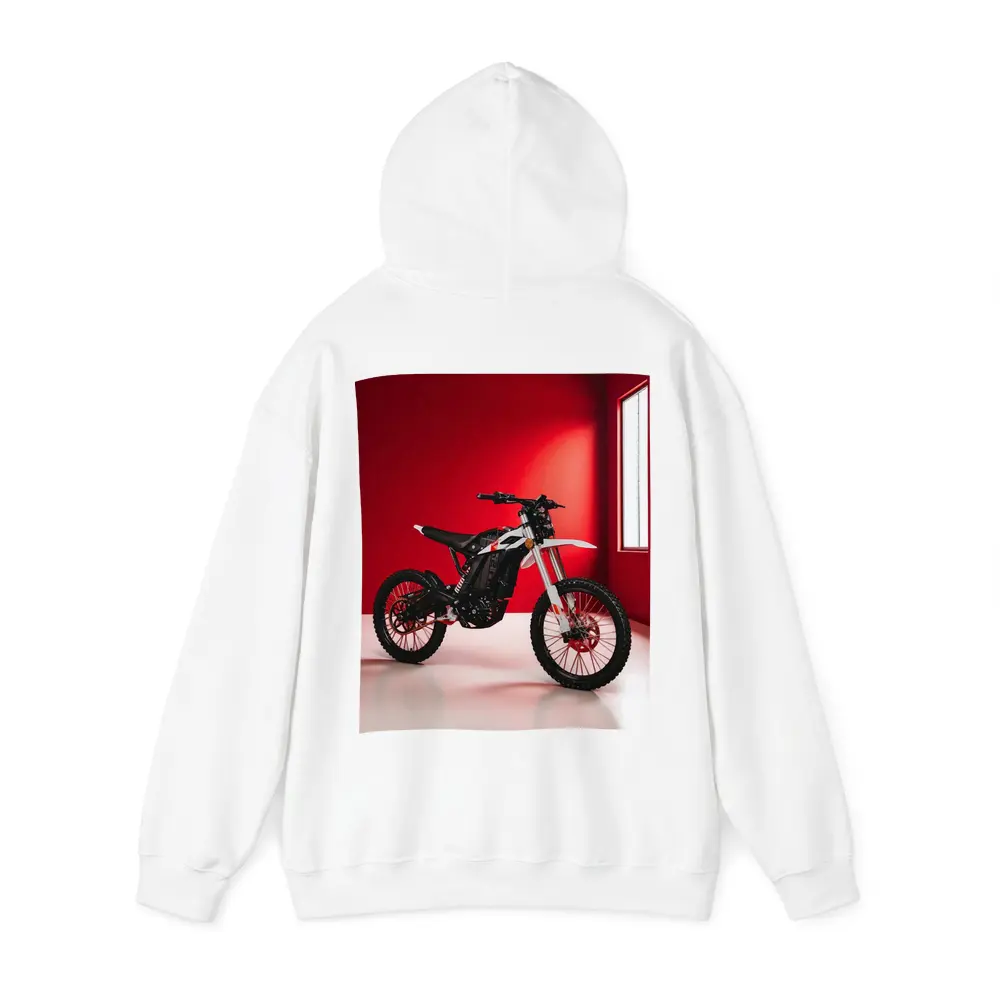 Electric Dirt Bike Against Bold Red Wall – Hoodies