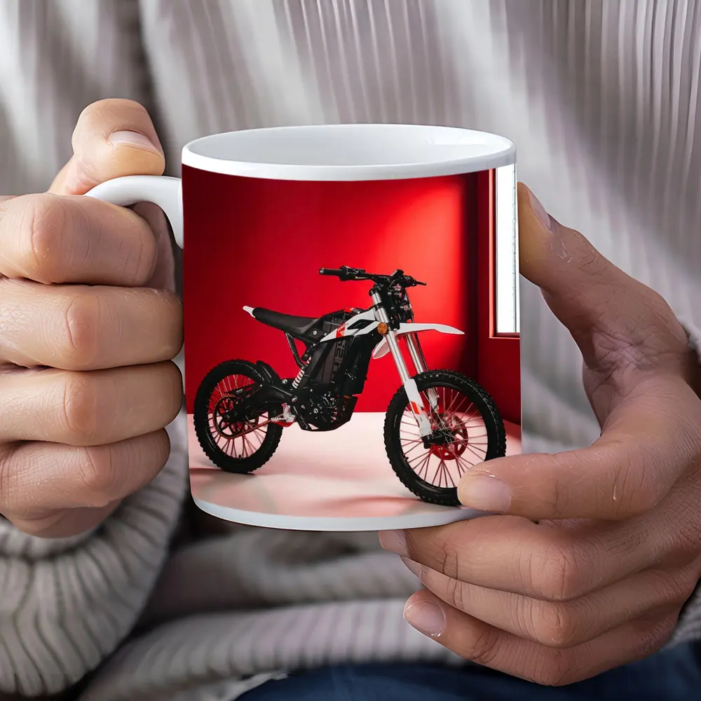 Electric Dirt Bike Against Bold Red Wall – Mugs