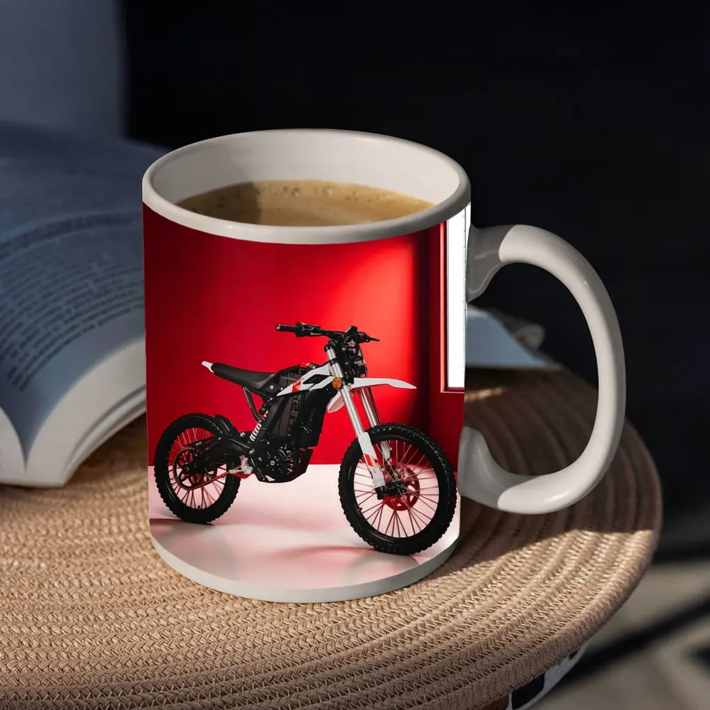 Electric Dirt Bike Against Bold Red Wall – Mugs