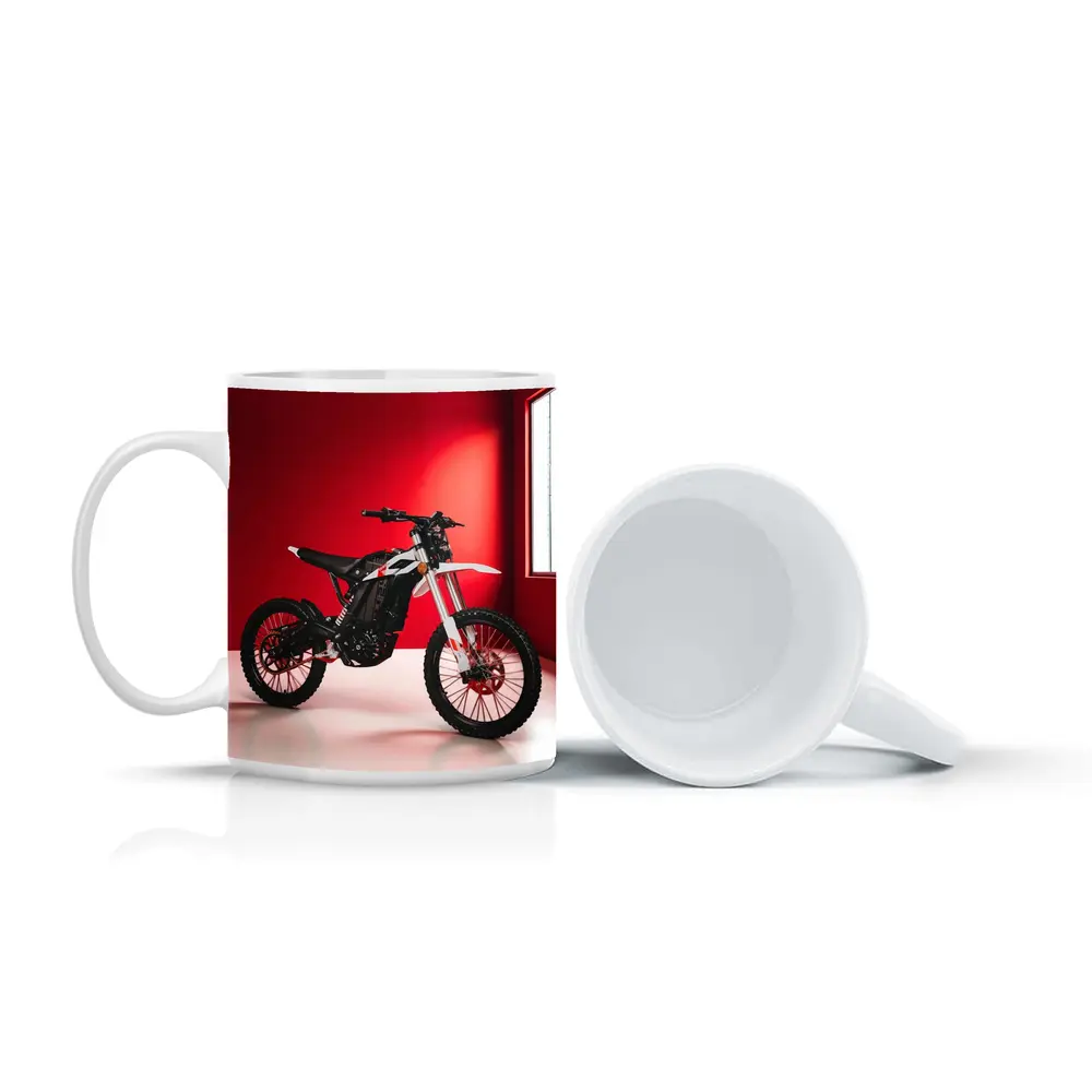 Electric Dirt Bike Against Bold Red Wall – Mugs