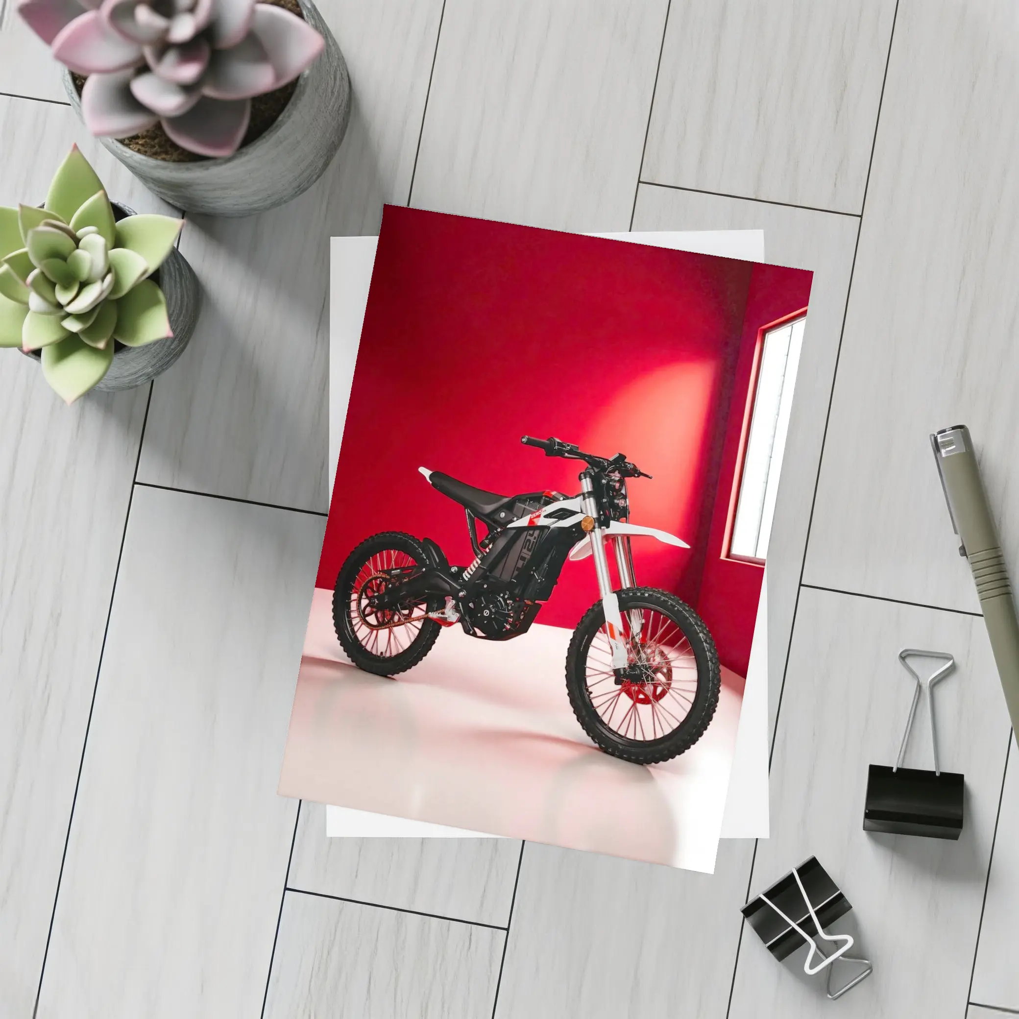 Electric Dirt Bike Against Bold Red Wall – Postcards