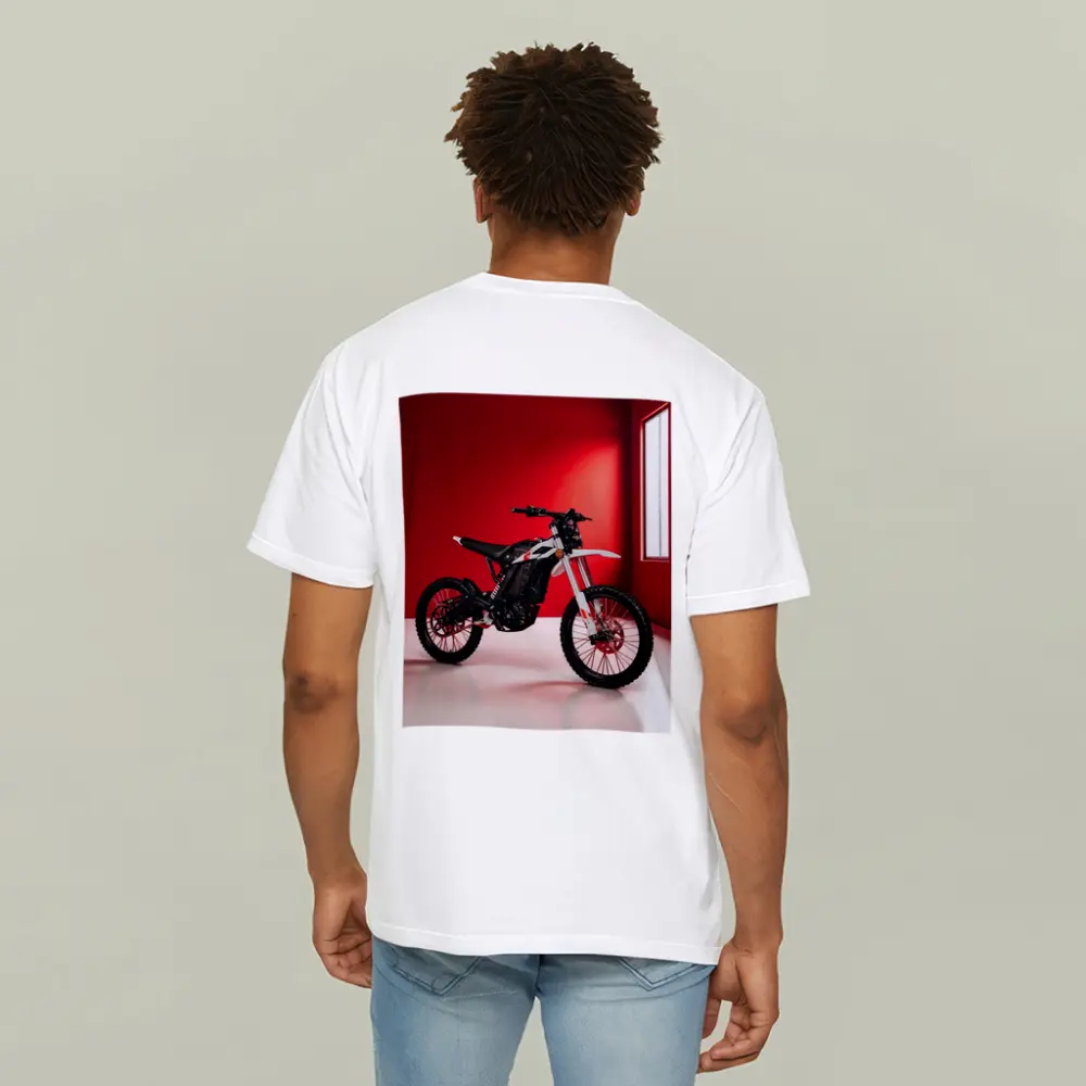 Electric Dirt Bike Against Bold Red Wall – T-Shirts