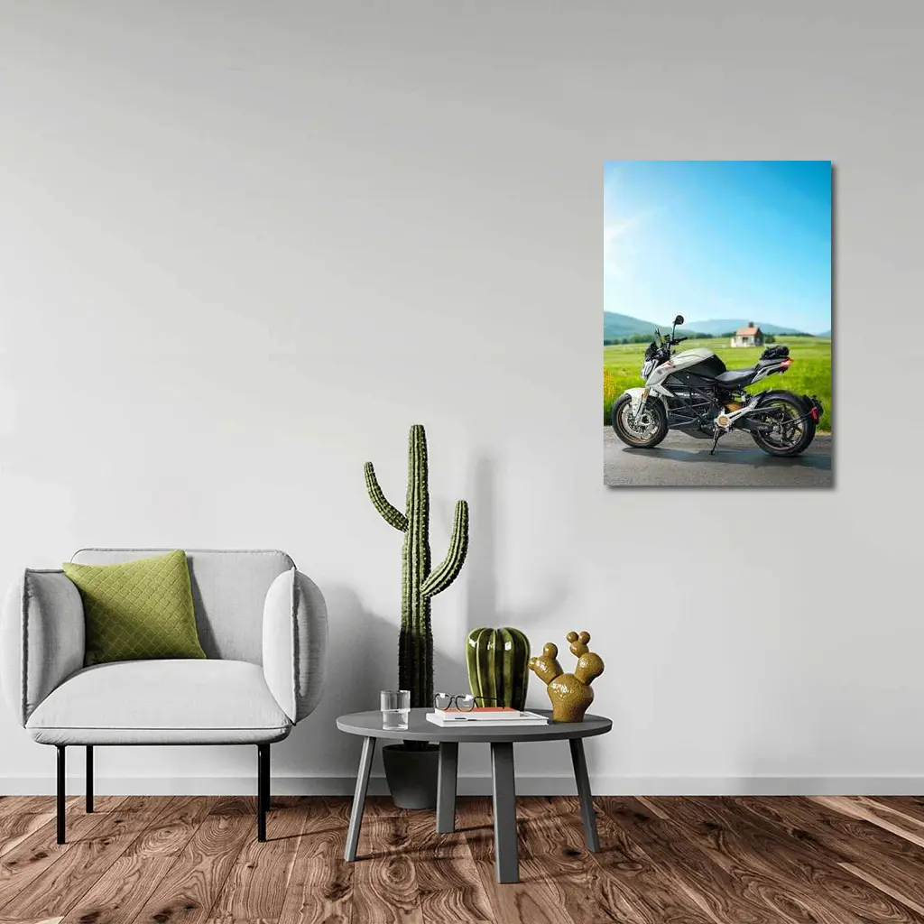 Zero Electric Motorcycle Parked Green Countryside – Wall Art