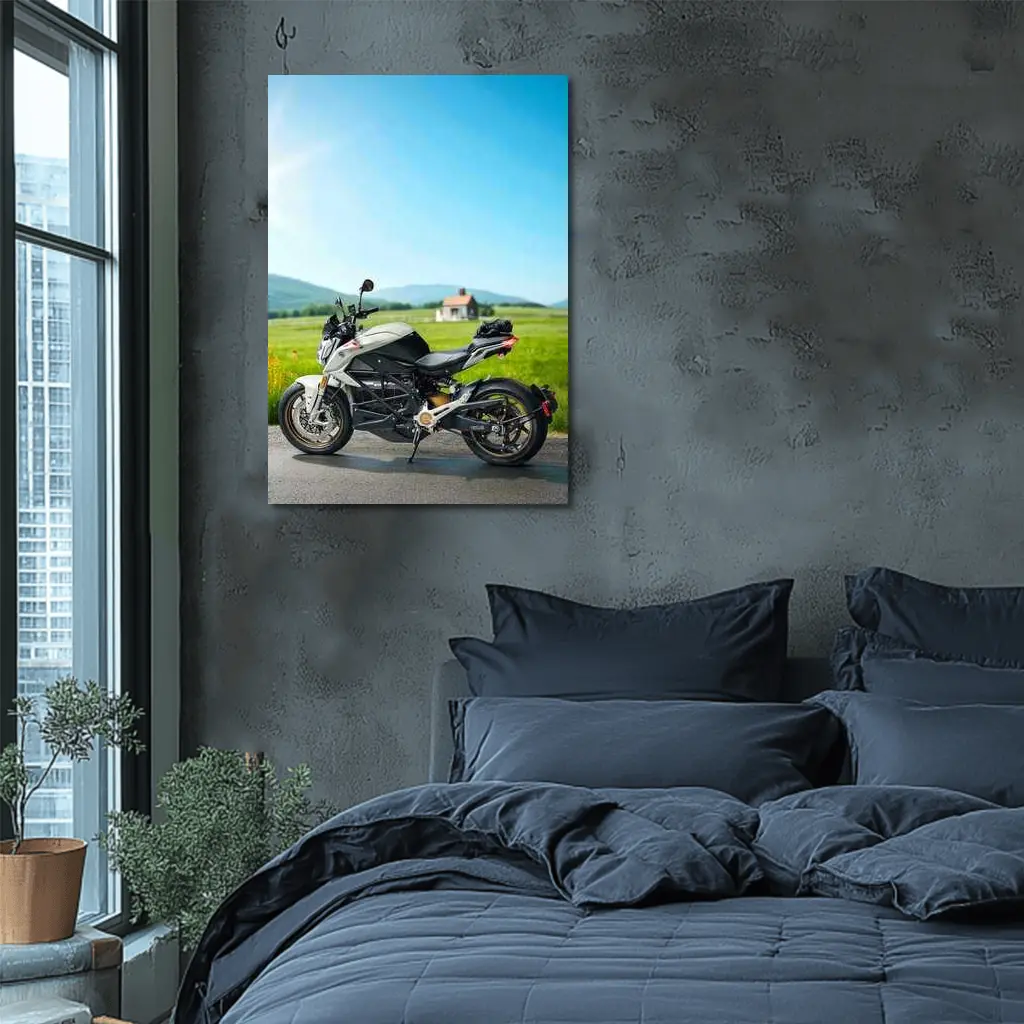 Zero Electric Motorcycle Parked Green Countryside – Wall Art