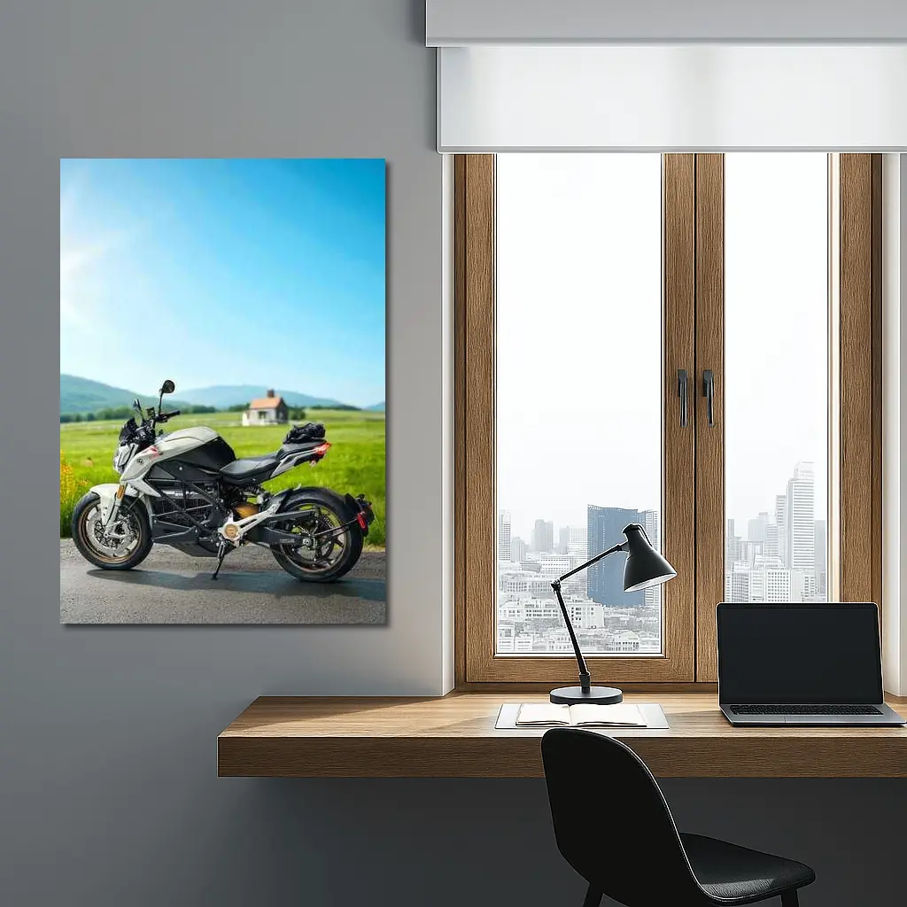 Zero Electric Motorcycle Parked Green Countryside – Wall Art