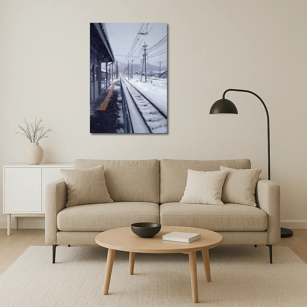 Snowy Japanese Train Station Anime Winter Scene – Wall Art