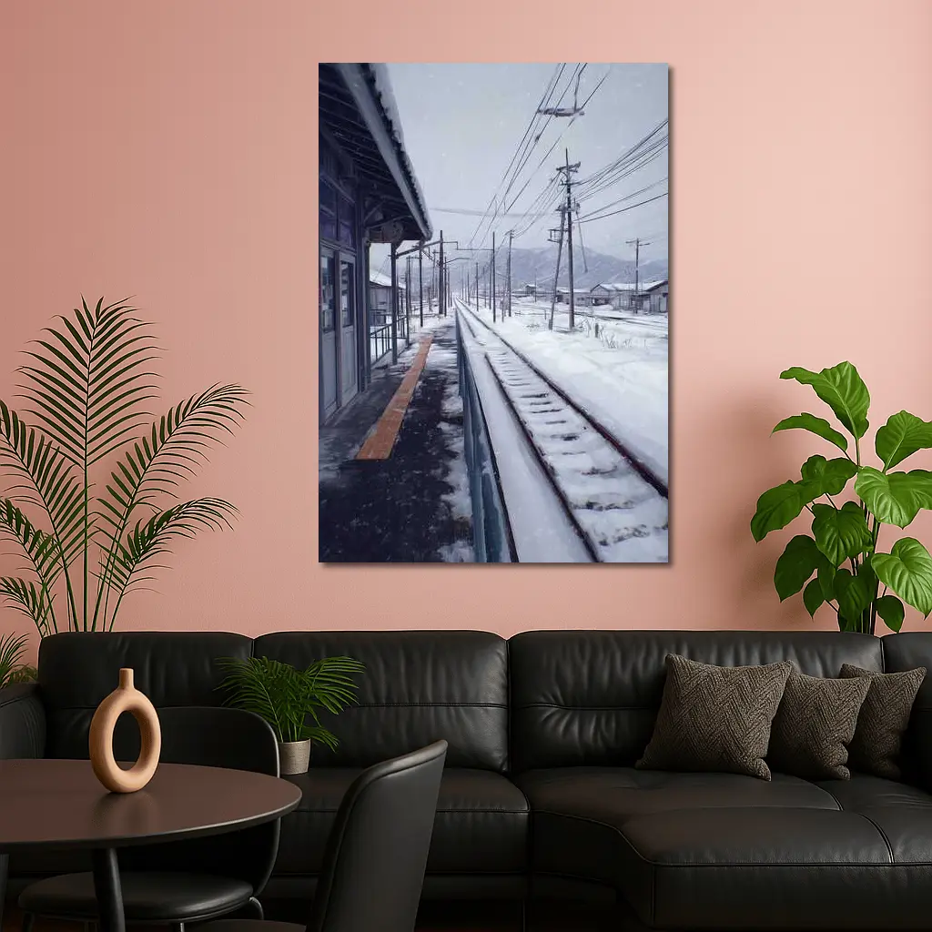 Snowy Japanese Train Station Anime Winter Scene – Wall Art