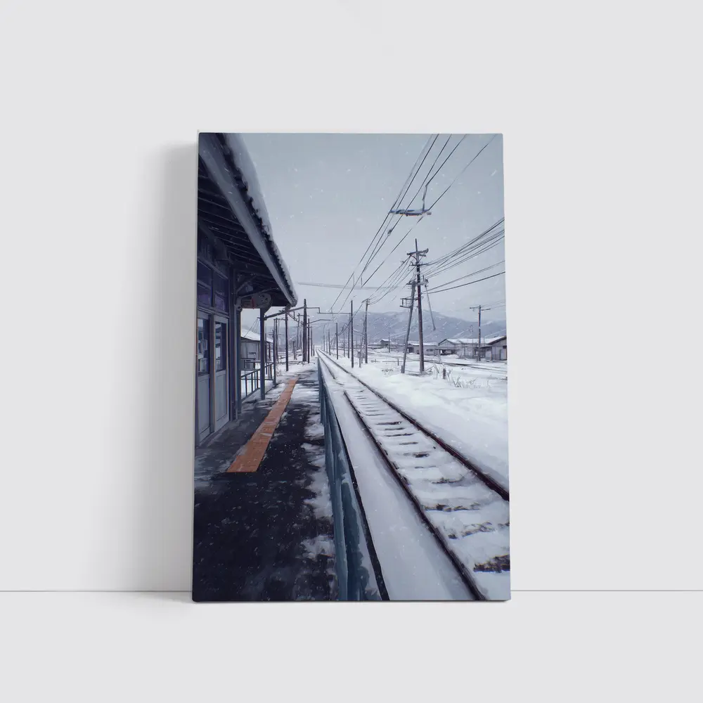 Snowy Japanese Train Station Anime Winter Scene – Wall Art