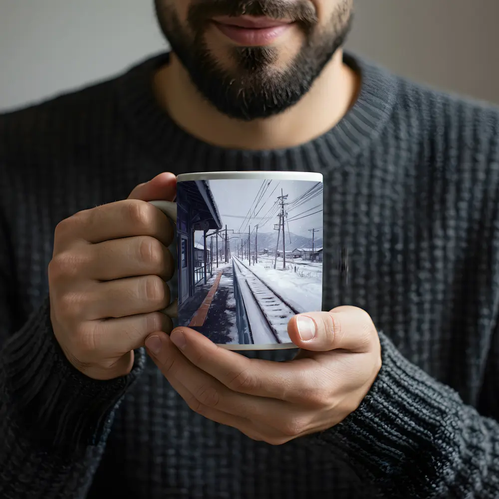 Snowy Japanese Train Station Anime Winter Scene – Mugs