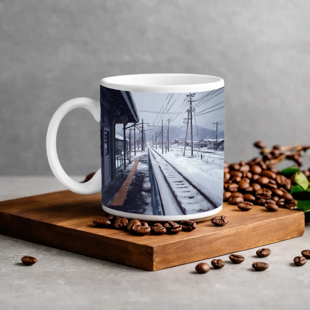 Snowy Japanese Train Station Anime Winter Scene – Mugs