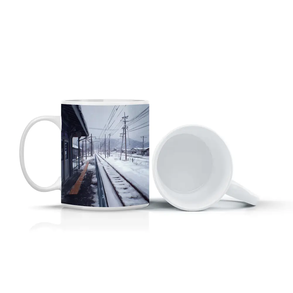 Snowy Japanese Train Station Anime Winter Scene – Mugs