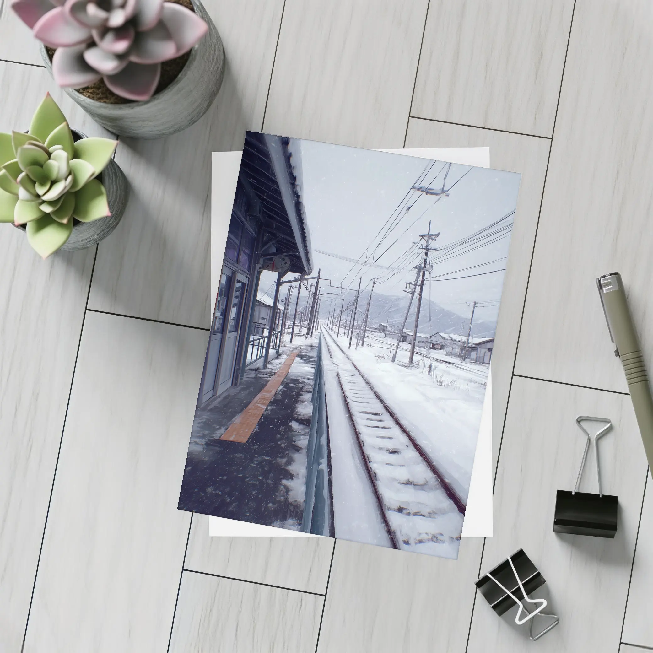 Snowy Japanese Train Station Anime Winter Scene – Postcards