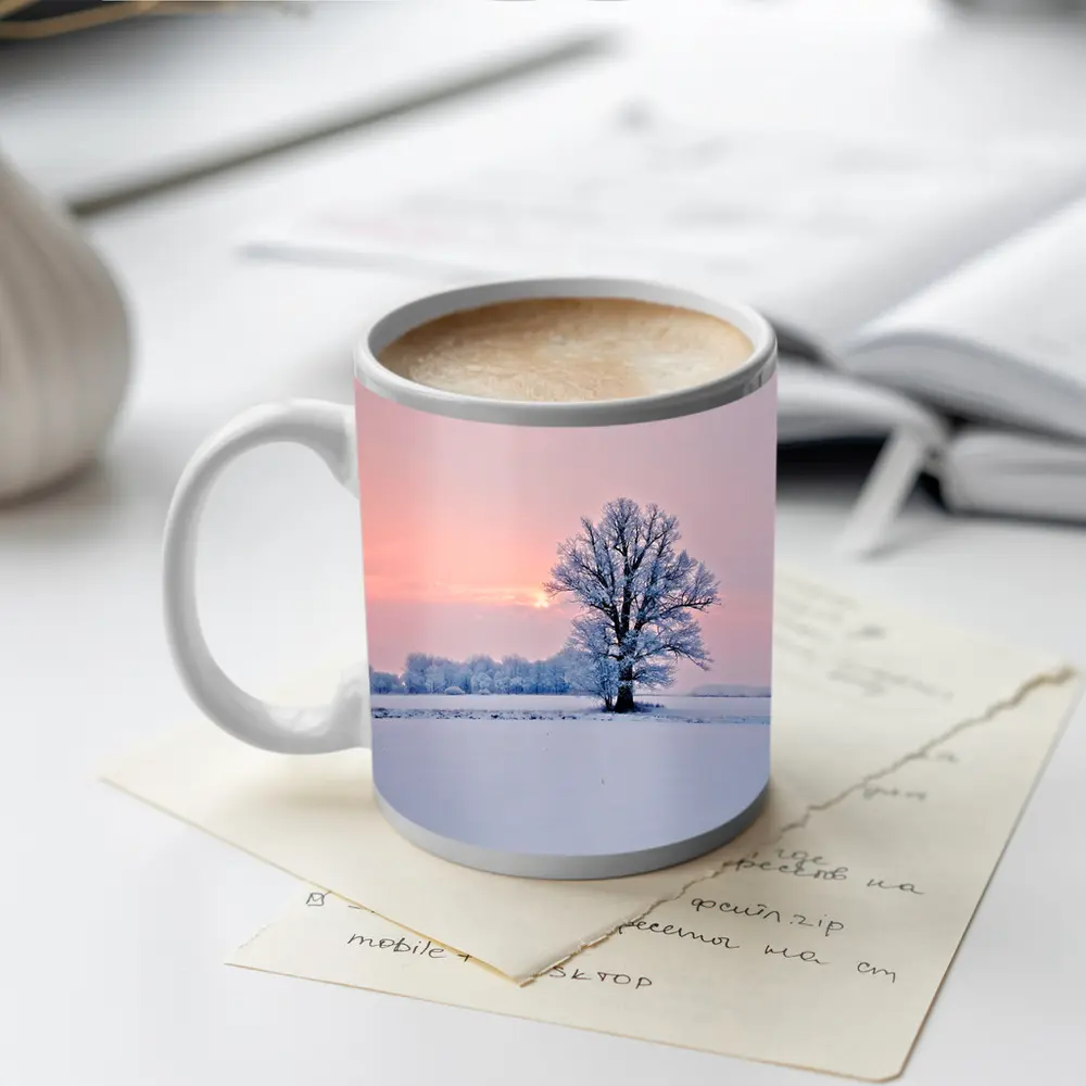 Frost Covered Tree Winter Sunset Field – Mugs