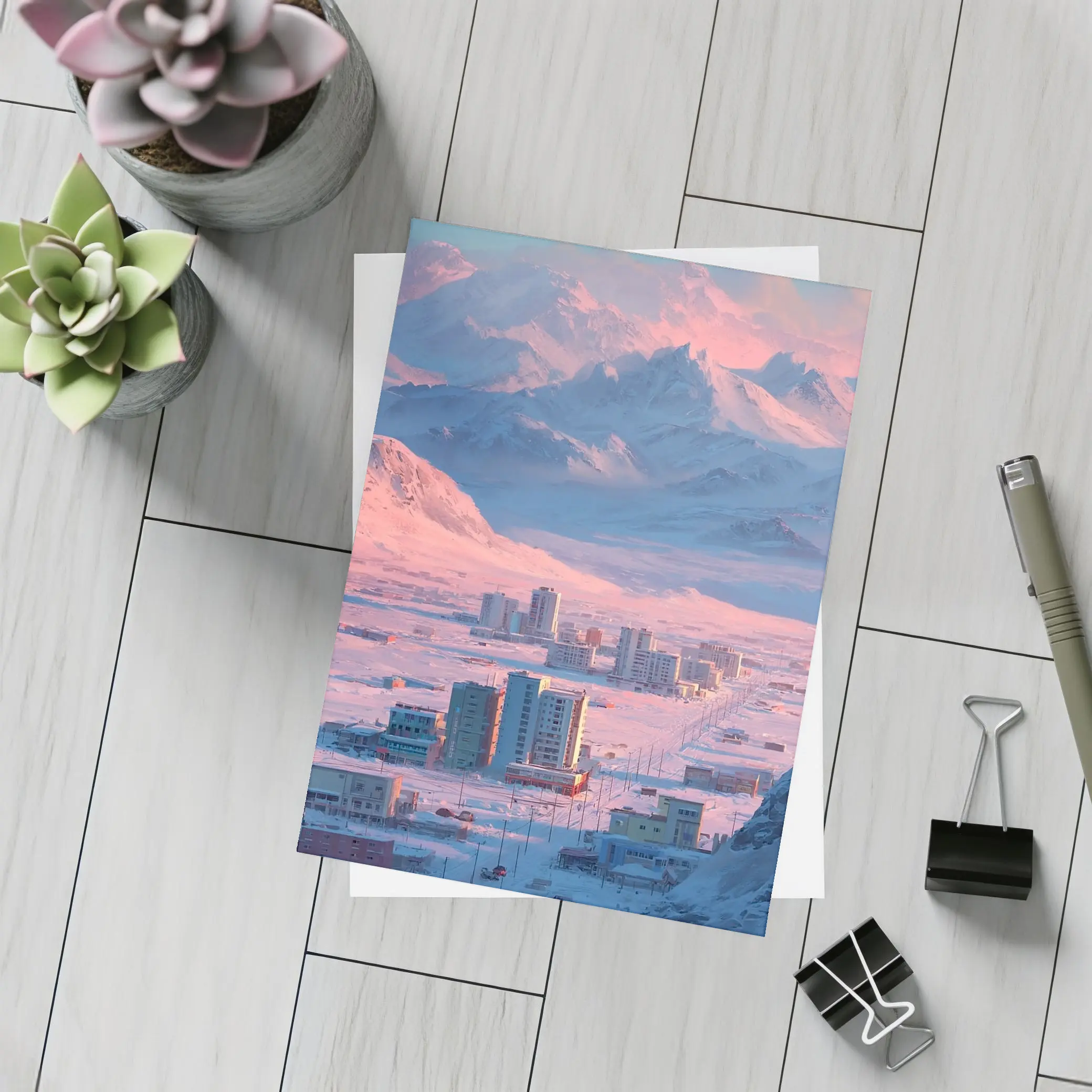 Arctic City Snow Mountains Pink Sky – Postcards