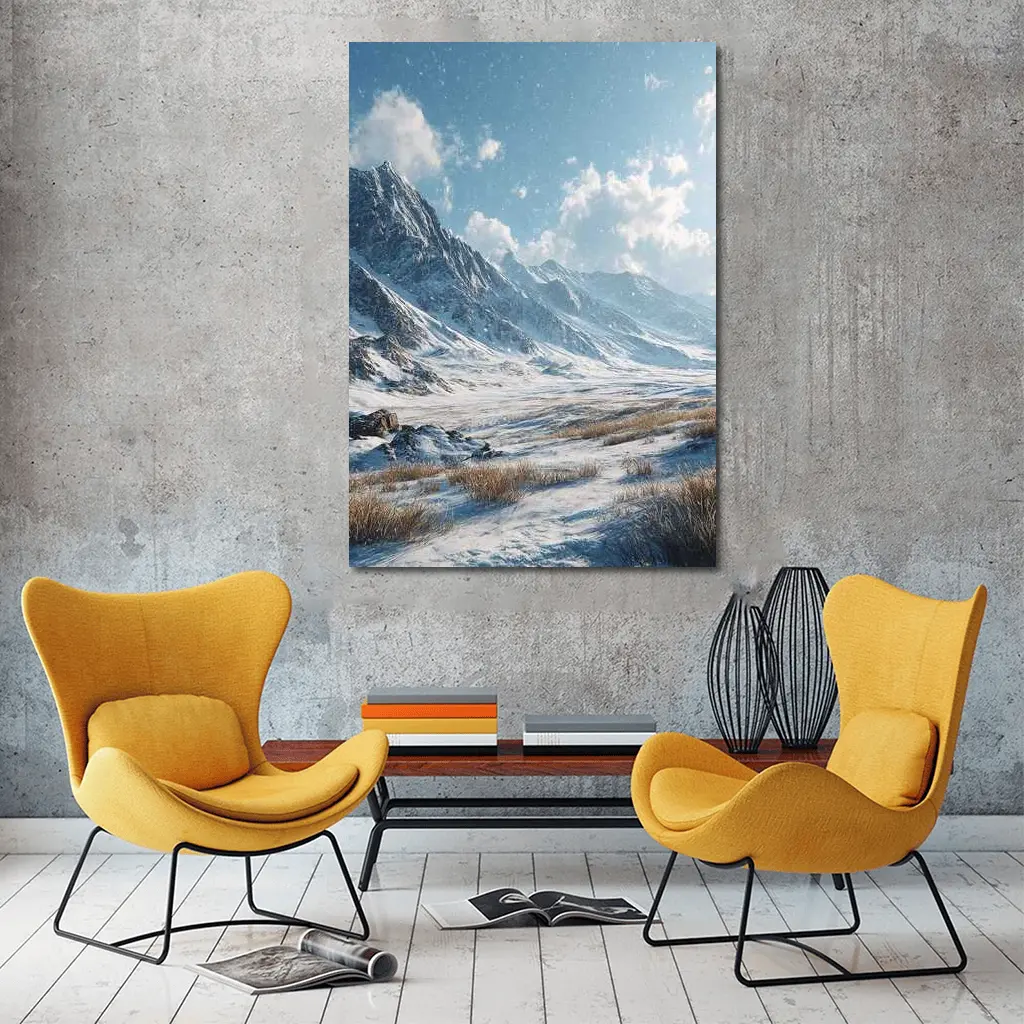Snowy Mountain Valley Winter Landscape Scene – Wall Art