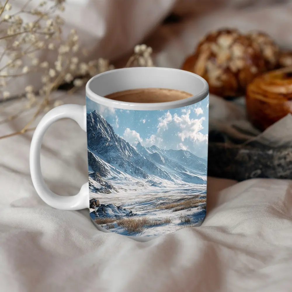 Snowy Mountain Valley Winter Landscape Scene – Mugs