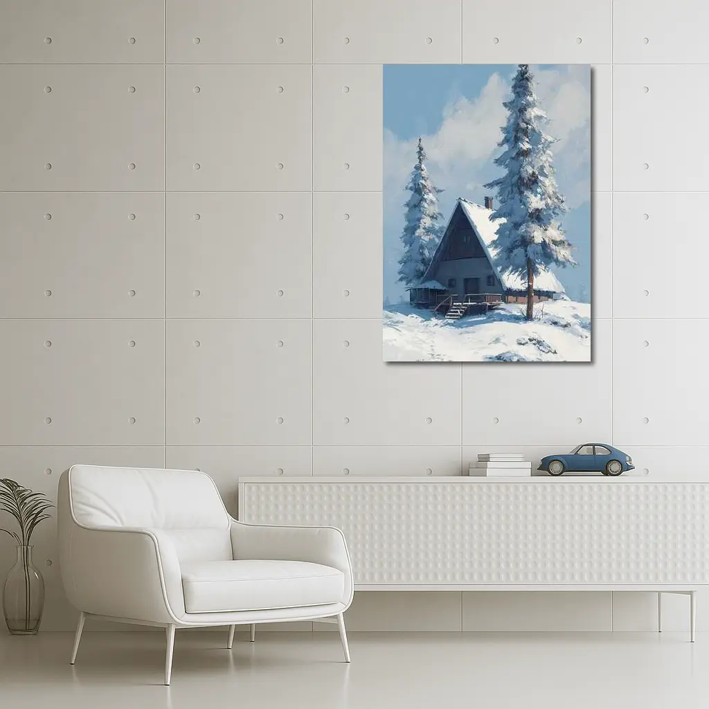 Snow Covered Cabin Winter Forest Blue Sky – Wall Art