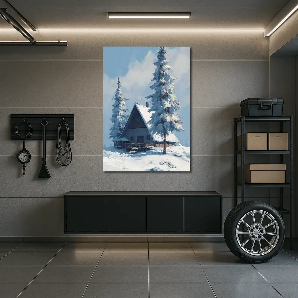 Snow Covered Cabin Winter Forest Blue Sky – Wall Art