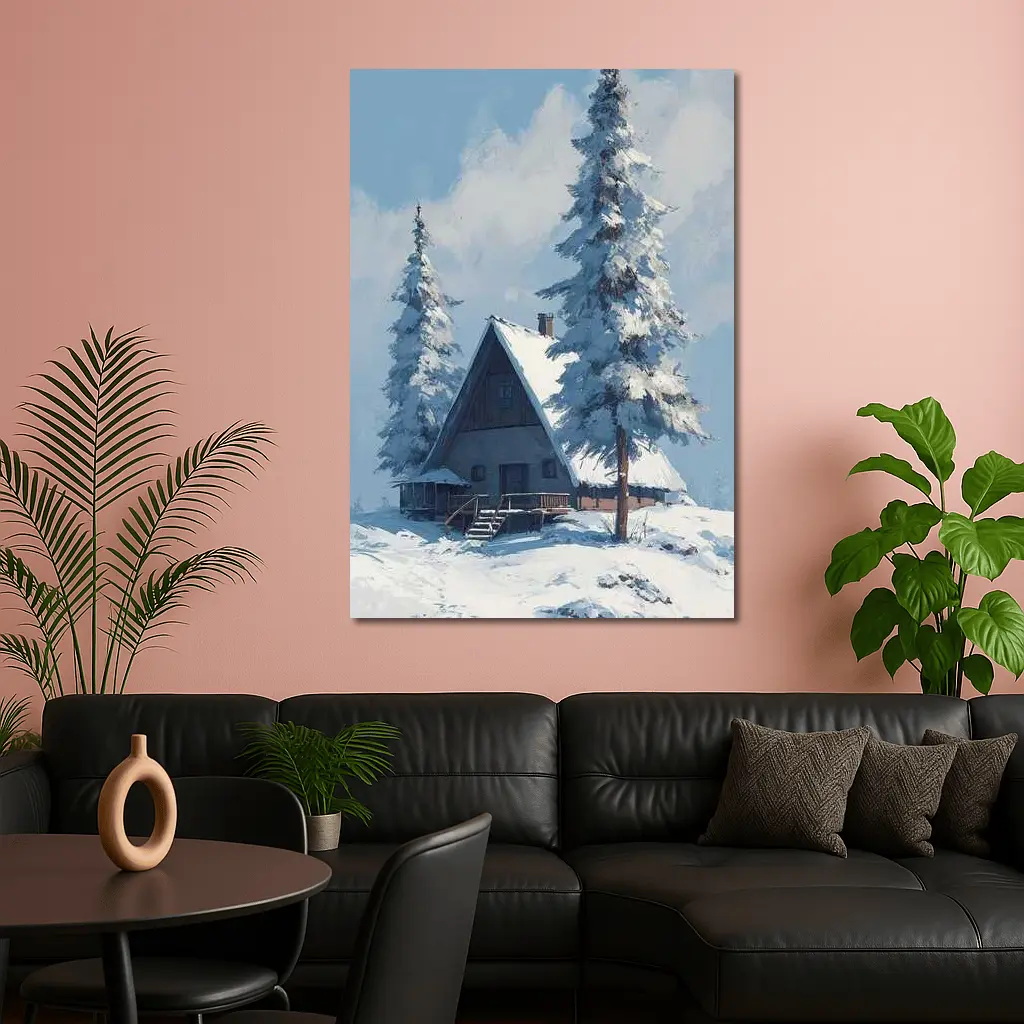 Snow Covered Cabin Winter Forest Blue Sky – Wall Art