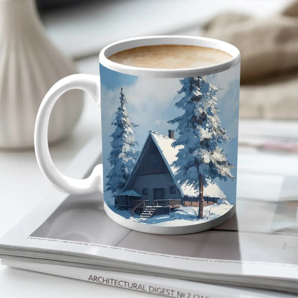 Snow Covered Cabin Winter Forest Blue Sky – Mugs