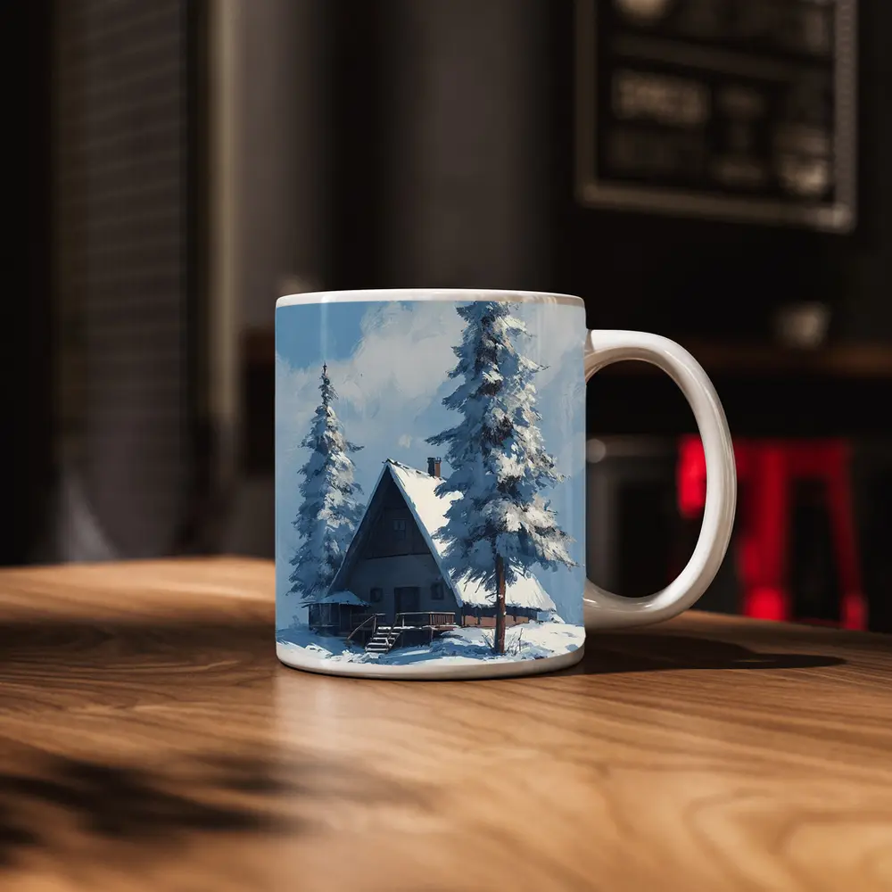 Snow Covered Cabin Winter Forest Blue Sky – Mugs