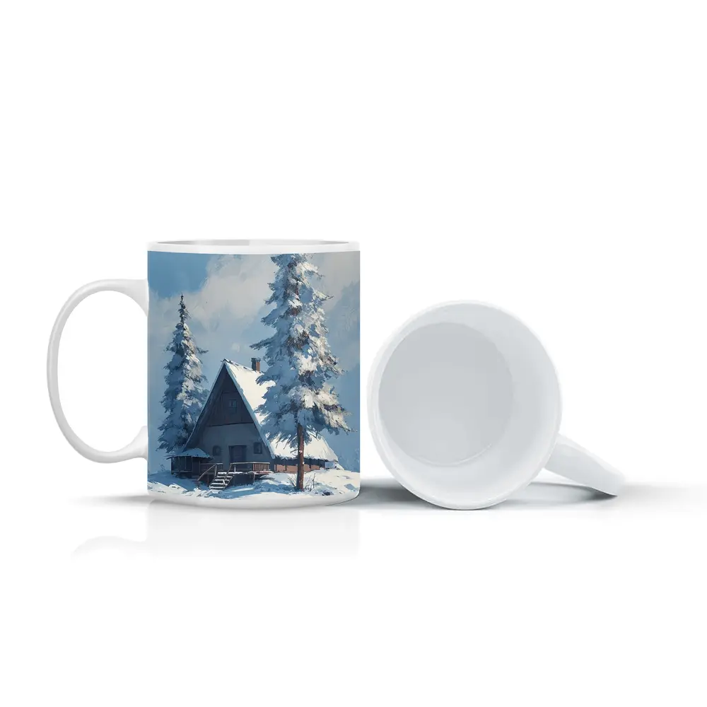 Snow Covered Cabin Winter Forest Blue Sky – Mugs